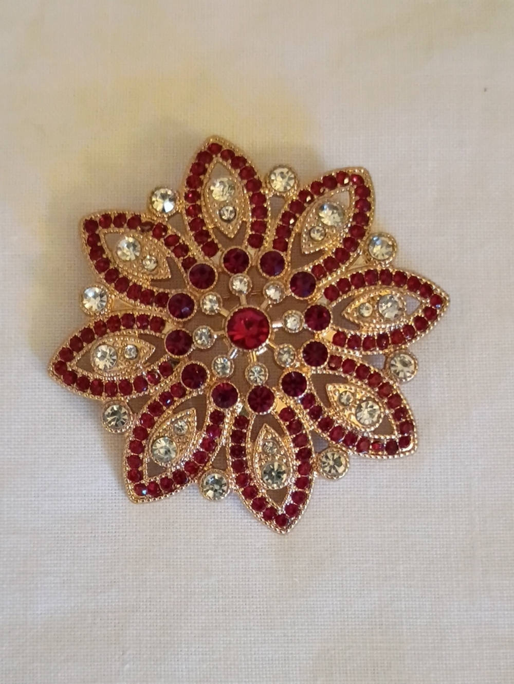 MONET FLORAL BROOCH WITH GORGEOUS RED AND RHINESTONE GEMS